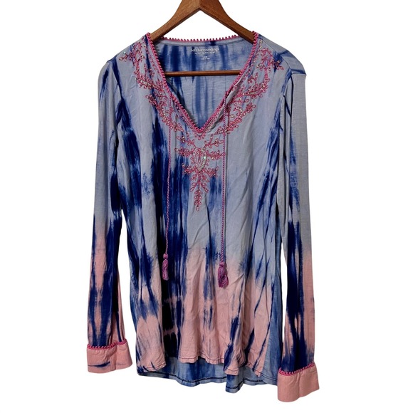 Soft Surroundings Medina Tie Dye Tunic Top Pink Blue Sequin Embroidered Tassels - Picture 2 of 6